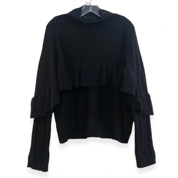 Project Naadam Black Cotton Acrylic Blend Ruffled Mock Neck Knit Sweater Medium - Picture 2 of 11